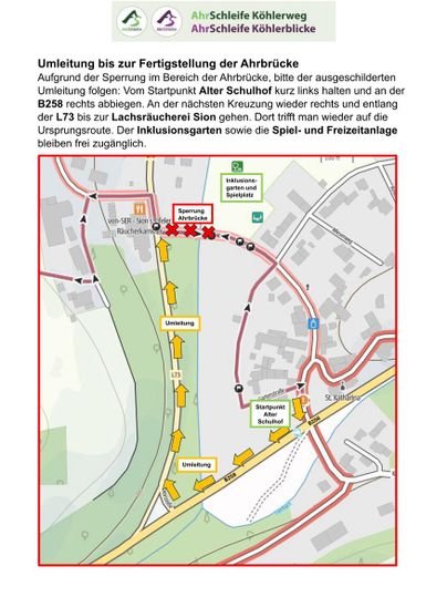 Karte mit Umleitung für den Köhlerweg und Köhlerblicke aufgrund einer Brückensperrung. Der Umleitungsweg ist mit Pfeilen markiert.