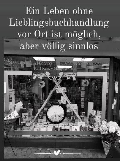 A storefront of a bookstore with a variety of books and decorations. The slogan emphasizes the importance of local bookstores.