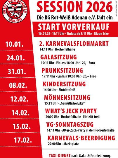 Ein Veranstaltungskalender für die Session 2026 der KG Rot-Weiß Adenau e.V. zeigt verschiedene Termine und Aktivitäten, darunter Faschingsevents und Partys. Die Veranstaltungen sind in einem ansprechenden Layout mit Daten und Uhrzeiten übersichtlich aufgelistet.