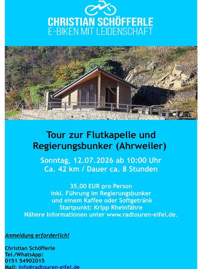 Ein Flyer für eine E-Bike-Tour zu einer Flutkapelle und einem Regierungsbunker. Die Tour findet am 12. Juli 2026 statt und dauert etwa 8 Stunden.