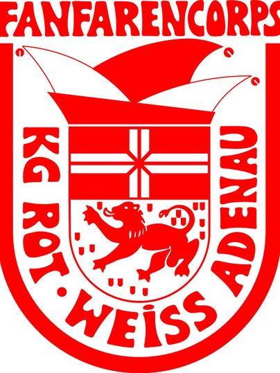 A coat of arms of the fanfare corps with red and white colors. It features a lion and a stylized hat.