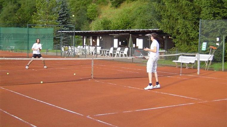 Zwei Personen spielen Tennis auf einem roten Platz. Im Hintergrund sind Bäume und eine kleine Hütte zu sehen.