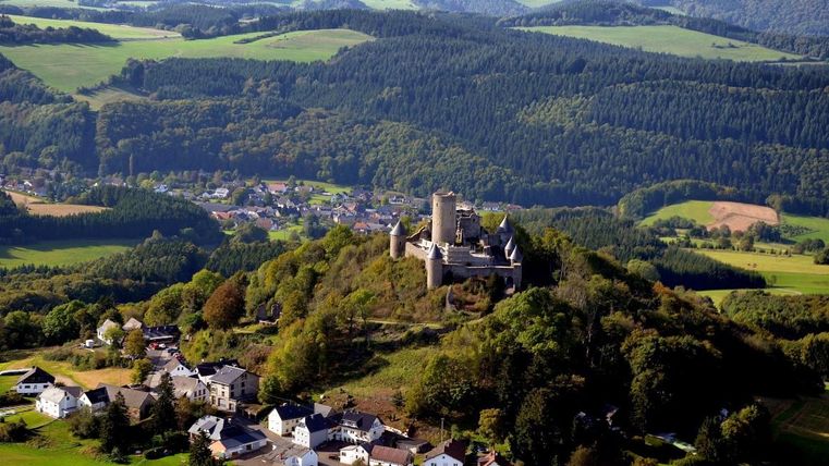 An impressive castle on a hill, surrounded by lush greenery and gentle hills. In the foreground, small houses and a village can be seen.