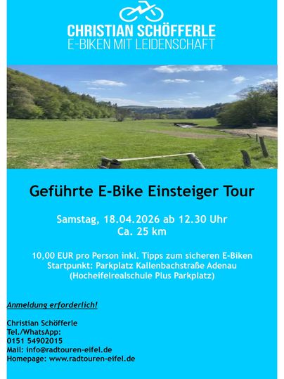 Eine Ankündigung für eine geführte E-Bike-Tour. Die Veranstaltung findet am 18. April 2026 statt und kostet 10 EUR pro Person.