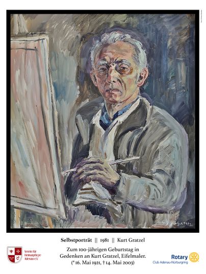 Ein Selbstporträt von Kurt Gratzel aus dem Jahr 1981, das einen älteren Mann mit Brille zeigt, der vor einer Staffelei sitzt.