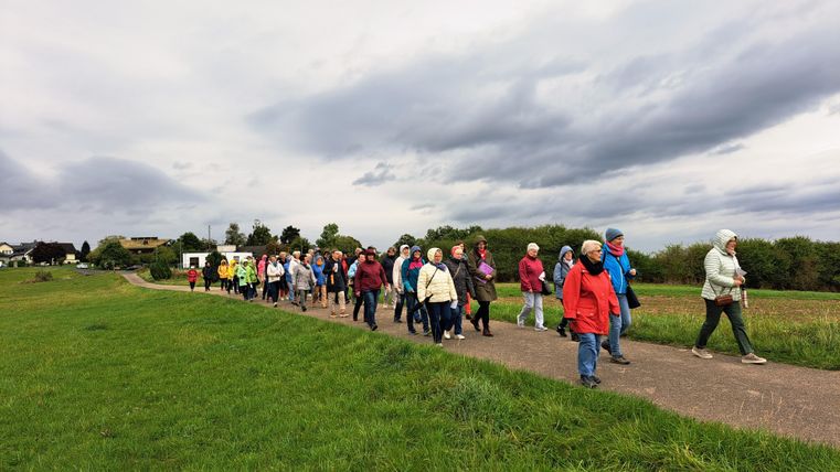 Eine Gruppe von Wanderern geht auf einem Weg durch eine grüne Wiese. Der Himmel ist bewölkt, und die Leute tragen bunte Regenjacken.