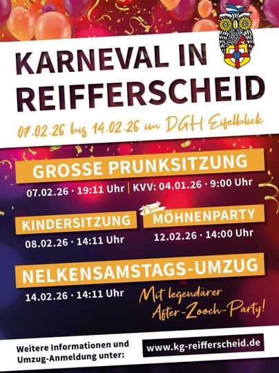 Een kleurrijk poster voor het carnaval in Reifferscheid. Het toont data en evenementen, inclusief een grote prunksitzing, kinderzitting en een optocht.