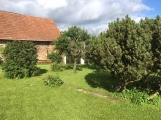 A green garden landscape with several trees and an old building in the background. The sky is lightly clouded and the atmosphere is calm.