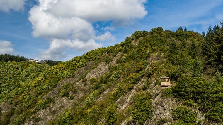 Blick auf einen bewaldeten Hügel mit einem kleinen Pavillon und blauem Himmel im Hintergrund.