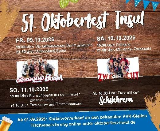 Der Flyer kündigt das 51. Oktoberfest in Insul an. Es enthält Informationen zu Veranstaltungen an den Tagen vom 09. bis 11. Oktober 2026.