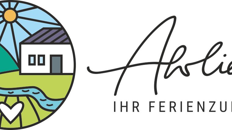 A stylized logo featuring a house in the landscape, surrounded by trees and a river. The sun shines over the rural scene, and it bears the inscription "AbLiebe – Your Holiday Home."