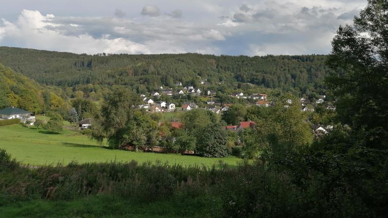 Een idyllisch landschap met een klein dorpje te midden van bossen en heuvels. De lucht is lichtbewolkt en de omgeving lijkt vreedzaam.