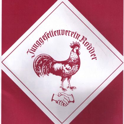 A logo for the Rodder Bachelors' Club featuring an image of a rooster in the center. The background is red, and two hands are symbolically joined.