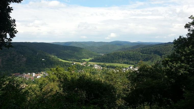 A picturesque view of green hills and a tranquil valley. The sky is partly cloudy, and a peaceful landscape can be seen.