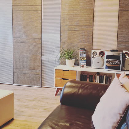 A modern living room with a brown sofa and a white shelf. Plants and an audio system are on the shelf.