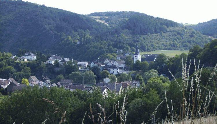 Un paysage pittoresque avec un petit village, entouré de collines et de forêts. En arrière-plan, on peut voir un clocher.