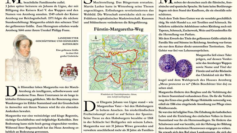 Een informatieblad over Margaretha van der Marck-Arenberg (1527–1599) met een portret en een kaart van de Prinses-Margaretha-route. Het document bevat historische informatie en afbeeldingen van munten.