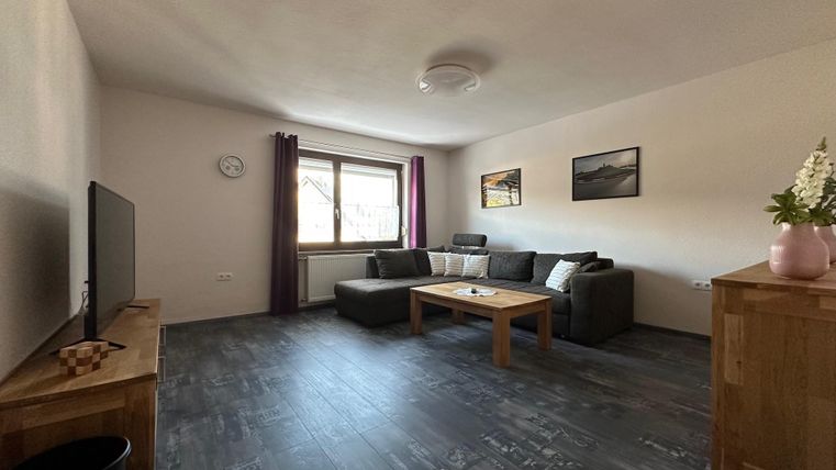 Een gezellige woonkamer met een bank, een houten tafel en een televisie. Grote ramen zorgen voor veel daglicht en een aangename sfeer.