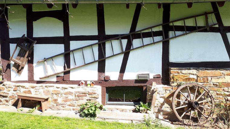 A traditional timber-framed house with a ladder leaning against the wall. In the foreground, there is a wagon wheel and some plants.