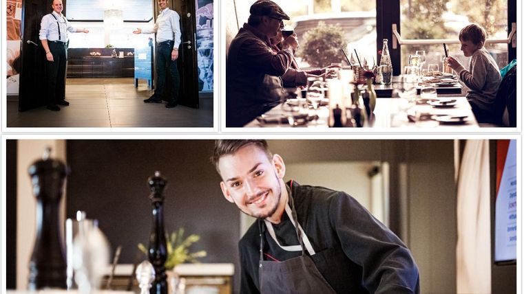 The image shows various scenes in a restaurant.
At the top are two waiters, while below, a chef is smiling and a guest is sitting at the table with a child.