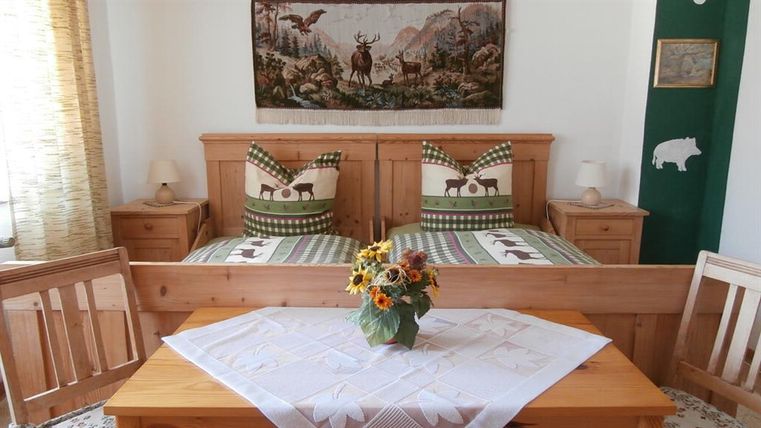 A cozy room with two beds, decorated with cushions in a natural design. On a wooden table, there is a vase with colorful flowers.