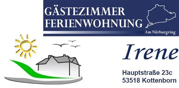 Ein Schild für eine Ferienwohnung namens "Irene" in Kottenborn. Es zeigt ein Haus, eine Sonne und den Hinweis auf die Lage am Nürburgring.