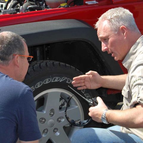 Zwei Männer diskutieren über ein Auto und eine Reifenreparatur. Der eine Mann zeigt auf den Reifen, während der andere aufmerksam zuhört.