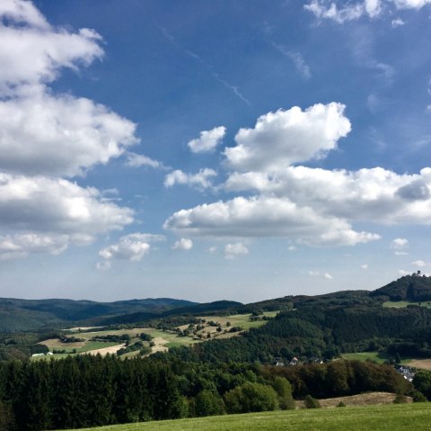 Wide landscape with green hills, forests and fields. The ruins of Nürburg Castle can be seen on a hill. The sky is blue with white clouds., © SebastianSchulte