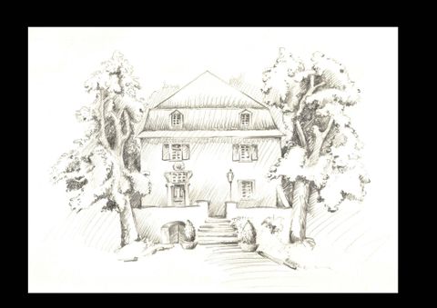 A drawn house surrounded by trees. The entrance is accessible via a small staircase.