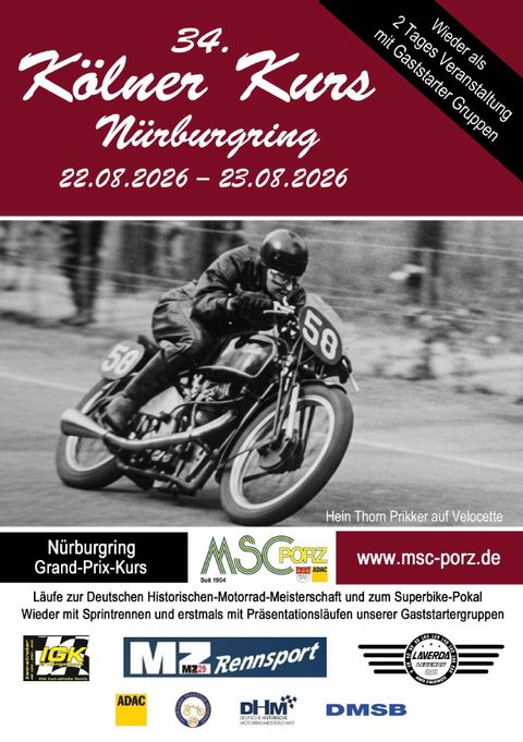 Ein klassisches Motorradrennen mit einem Fahrer auf einer Rennstrecke. Das Bild kündigt den 34. Kölner Kurs am Nürburgring an, der vom 22. bis 23. August 2026 stattfindet.