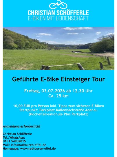 Ein Flyer für eine geführte E-Bike-Tour, der Informationen zu Datum, Preis und Treffpunkt enthält. Die Tour richtet sich an Einsteiger und bietet Tipps für sicheres Fahren.