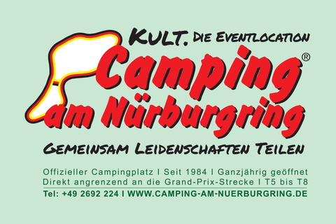 Ein farbenfrohes Werbebild für den Campingplatz am Nürburgring. Es zeigt Informationen über die Eventlocation und die Campingmöglichkeiten.