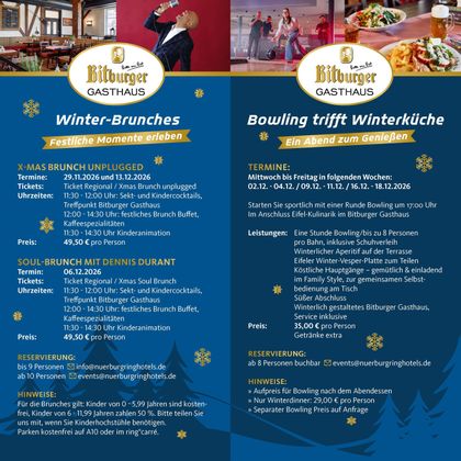 Eine Menükarte mit Informationen zu Veranstaltungen und Brunch-Angeboten in den Restaurants Nuvolari und Bitburger Gasthaus. Die Karte enthält Details zu Terminen und Preisen.