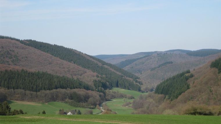 Eine malerische Landschaft mit sanften Hügeln und Wäldern. Der Himmel ist klar und strahlend blau.
