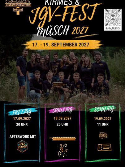 Ein Plakat für das Kirmes- und JGV-Fest in Müschen vom 17. bis 19. September 2027. Es zeigt eine Gruppe von Menschen in einem freundlichen Umfeld und Informationen zu den Festlichkeiten.