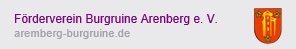 Logo van de Förderverein Burgruine Arenberg e. V. met website URL en een wapenschild op een grijze achtergrond., © Förderverein Burgruien Arenberg e.V.