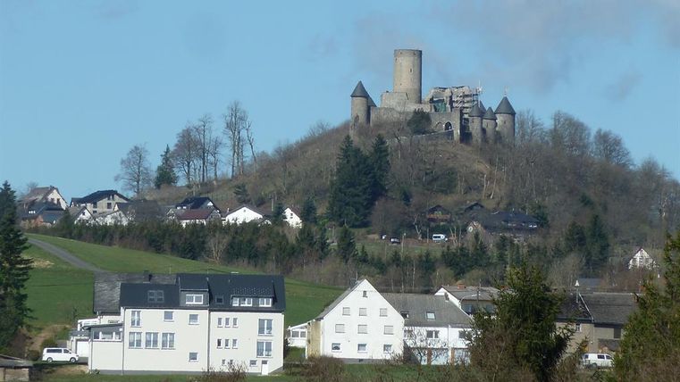 Eine malerische Stadt mit modernen Häusern im Vordergrund und einer beeindruckenden Burgruine auf einem Hügel im Hintergrund. Die Landschaft ist grün und ländlich, ideal für Ausflüge.