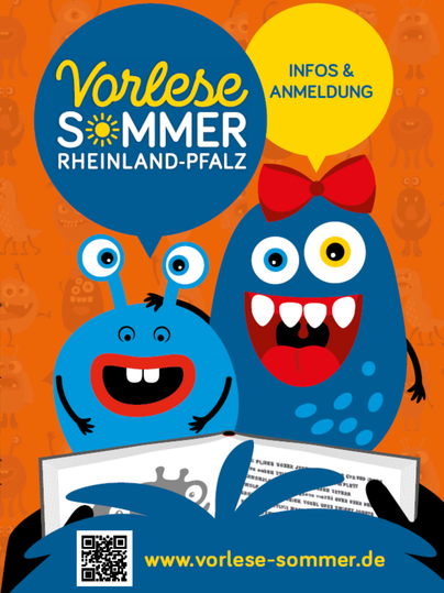 Eine bunte Illustration mit zwei lustigen Monstern, die ein Buch halten. Im Hintergrund sind viele andere kleine Monster und ein auffälliger oranger Hintergrund.