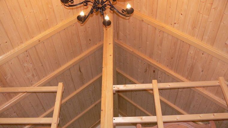 Een gezellige kamer met een houten plafond en een kroonluchter. Op de voorgrond zijn houten leuningen en meubels te zien.