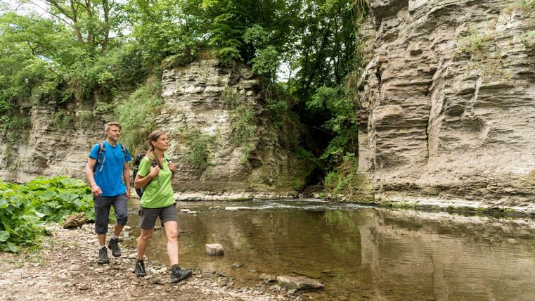 Two hikers walk along a narrow river, surrounded by tall cliffs and lush greenery. The scene appears calm and idyllic.