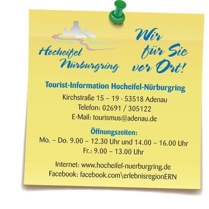 Een informatieblad over de Toeristeninformatie Hochheifel-Nürburgring. Het bevat contactgegevens en openingstijden.