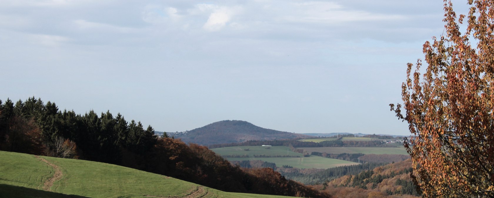 Gr&uuml;ne Wiesen und bunte Herbstb&auml;ume rahmen den Blick auf einen H&uuml;gel in der Ferne. Der Himmel ist leicht bew&ouml;lkt., &copy; Walter Schmitz