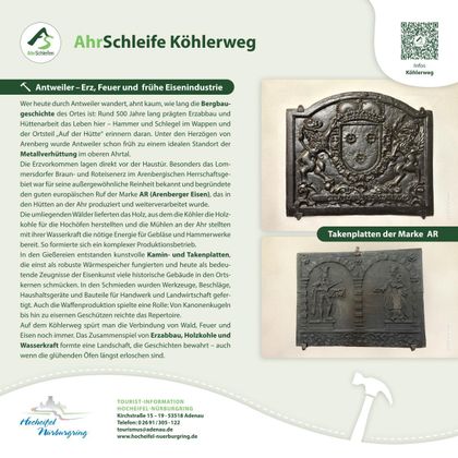 Une brochure d'information sur la boucle de la Ahr Köhlerweg avec des détails historiques sur Antweiler et l'industrie du minerai, du feu et du fer. Elle présente des plaques de marques AR et fournit des informations touristiques.