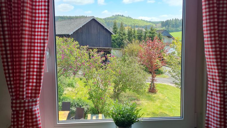 Een raam met geruite gordijnen, dat uitzicht biedt op een groene landschap. Op de achtergrond zijn hutten en bomen te zien.