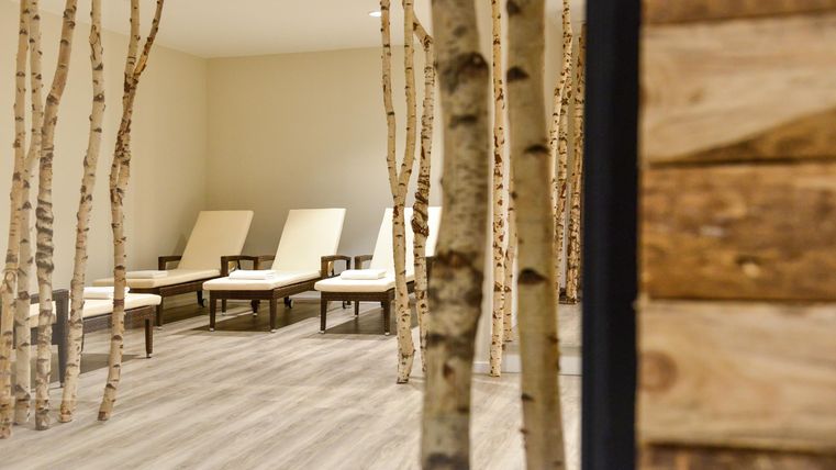 A relaxing room with loungers and birch logs. The floor is made of wood and the atmosphere is calming.