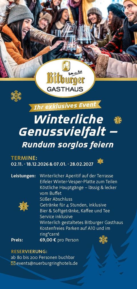 Ein Flyer für den Nürburgring mit Informationen zu Übernachtungsmöglichkeiten und Winterveranstaltungen. Auf der rechten Seite sind fröhliche Menschen, die gemeinsam feiern und die winterliche Stimmung genießen.