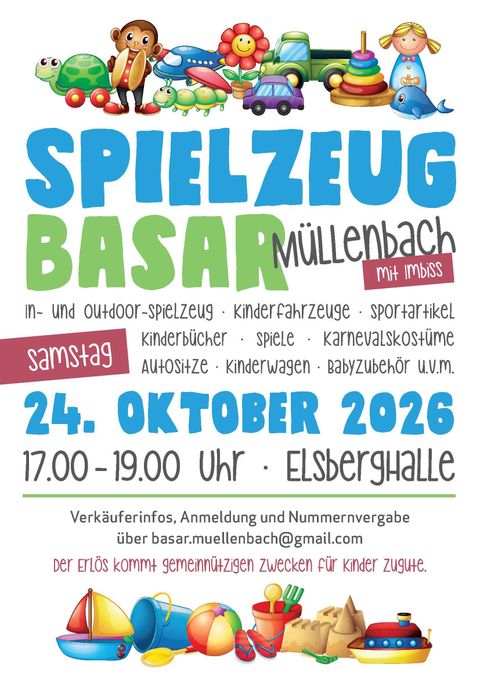 Ein farbenfrohes Plakat für einen Spielzeugbasar mit verschiedenen Spielzeugen und Kinderartikeln. Der Basar findet am 24. Oktober 2026 in der Elsberghalle statt.