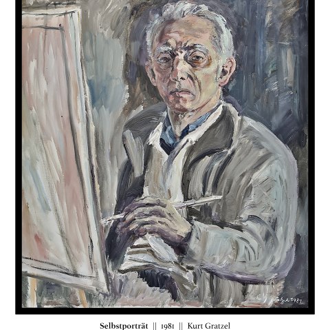 Selbstporträt von Kurt Gratzel, 1981. Ein älterer Mann mit Brille sitzt vor einer Staffelei. Gedenken an den Eifelmaler zum 100. Geburtstag., © Verein für Heimatpflege Adenau e.V. | Kurt Gratzel