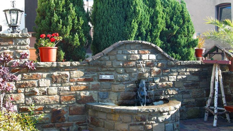 Een mooie steen tuin met een bron en groene bomen. Bloeiende planten in potten aanvullen de rustige sfeer.