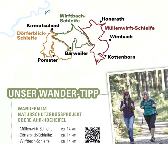 Karte der Wanderwege in der Hocheifel-N&uuml;rburgring-Region mit drei Schleifen: M&uuml;llenwirft-, D&ouml;rferblick- und Wirftbach-Schleife. Zwei Frauen wandern im Wald., &copy; VGV Adenau